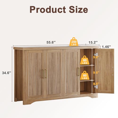 55-Inch Fluted Sideboard Buffet Cabinet with Adjustable Shelves, Natural Oak