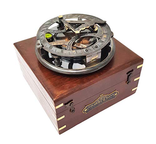 5-Inch Vintage Brass Sundial Compass in Handcrafted Rosewood Gift Box