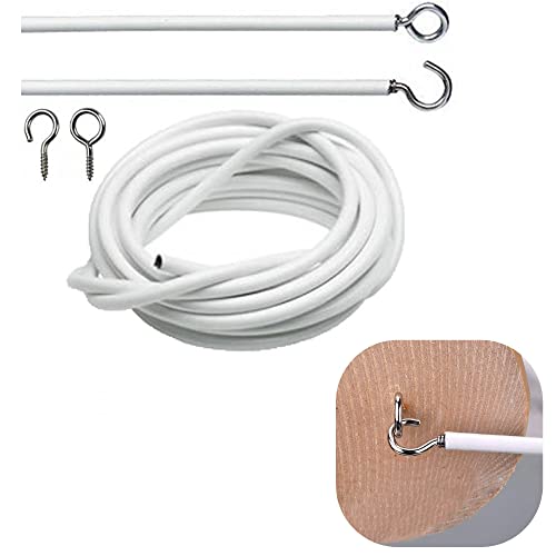 White Net Curtain Wire Kit - Adjustable Hanging Cable with Hooks and Eyes