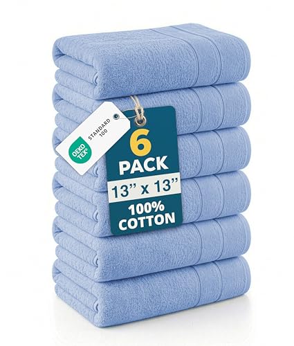 100% Cotton Washcloths 6-Pack - Soft Terry Face & Body Towels, Cerulean Blue