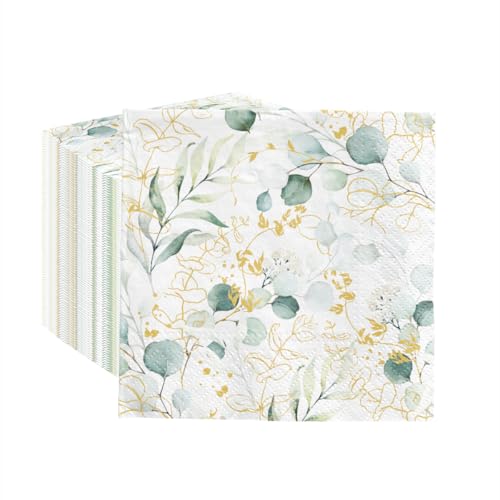Golden Eucalyptus Cocktail Napkins - 100 Pack 5x5 Inch Elegant Party Paper Towels