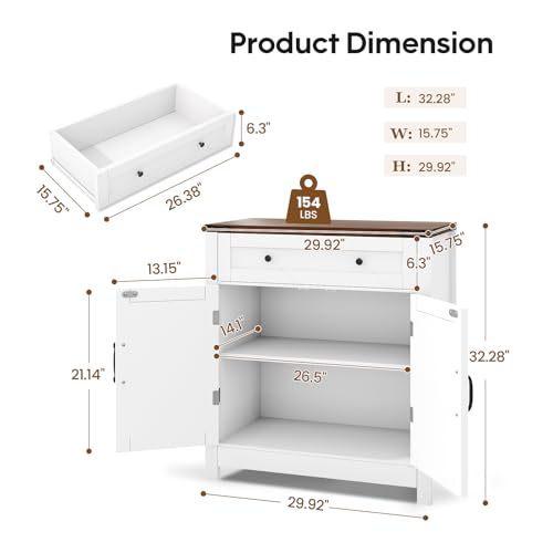 30" Modern Farmhouse Coffee Bar Station, Kitchen Sideboard Cabinet - White