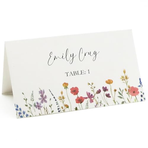 Wildflower Place Cards for Table Settings - Wedding Seating Cards, 50 Pack
