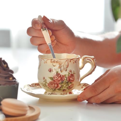 YOLIFE Pink Rose Tea Cup and Saucer Set - 8 oz Ceramic Vintage Collection