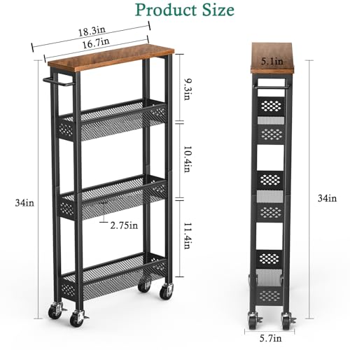 4-Tier Slim Rolling Storage Cart - 5" Narrow Utility Organizer with Wood Top