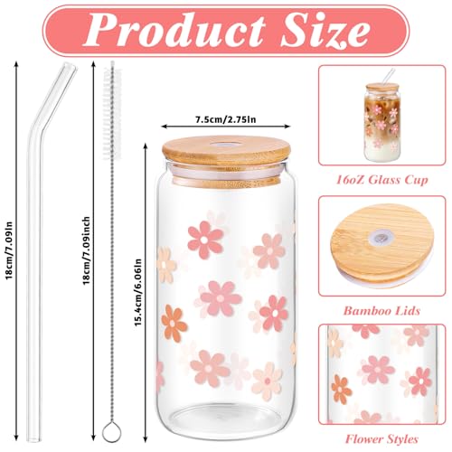 Daisy Flower Glass Cup with Bamboo Lid and Straw - 16 oz Iced Coffee Mug