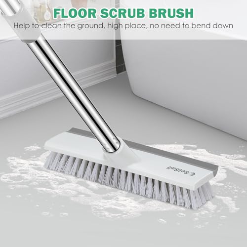 2-in-1 Floor Scrub Brush with Squeegee & 51-Inch Adjustable Long Handle