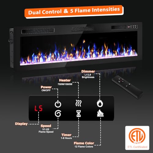 72 Inch Electric Fireplace Ultra-Thin Recessed & Wall Mounted