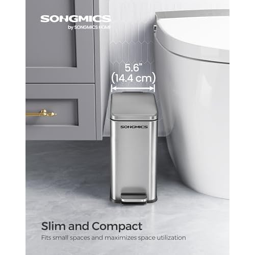SONGMICS Bathroom Trash Can, 1.3 Gallon (5 L) Small Trash Bin with Lid, Slim for Small Spaces, Stainless Steel Garbage Can, Soft Close, Silver ULTB560E05