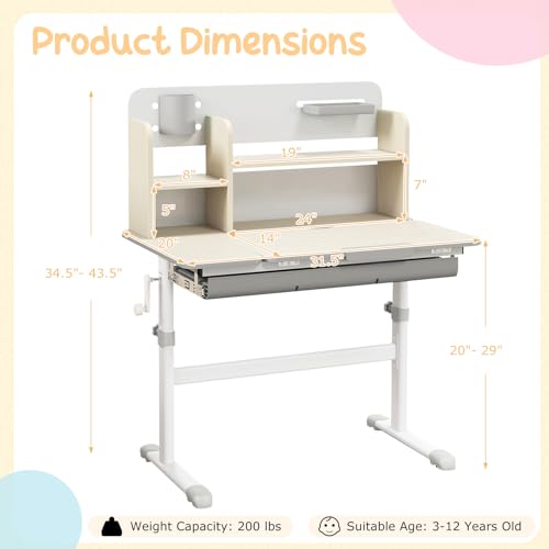 Height Adjustable Kids Study Desk with Tilt Desktop and Storage Drawer