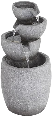 32-Inch Four-Bowl Cascading Floor Fountain with LED Light, Faux Stone Finish