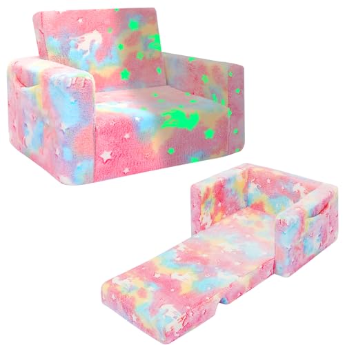 Fold-Out Kids Sofa Chair, Glow-in-the-Dark Convertible Toddler Lounger