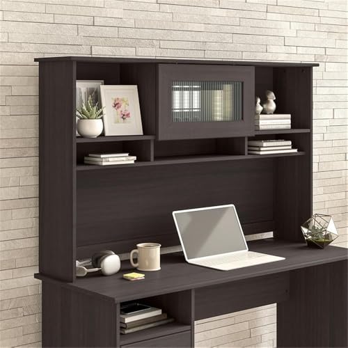 Pemberly Row 60W Corner Desk Hutch with Fluted Glass Doors & Shelves