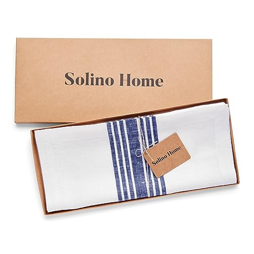 Navy & White Linen Table Runner 14x36 in - Handcrafted Farmhouse Decor