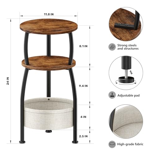 3-Tier Round Side Table with Storage Basket, 24" Small End Table, Rustic Brown