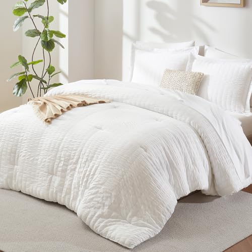 CozyLux Queen White Seersucker Bed in a Bag 7-Piece Comforter Set