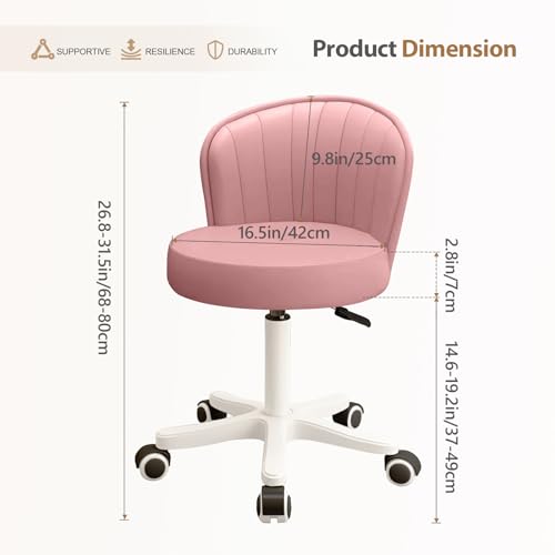 Small Rolling Vanity Chair, Armless Swivel Desk Chair with PU Leather Seat