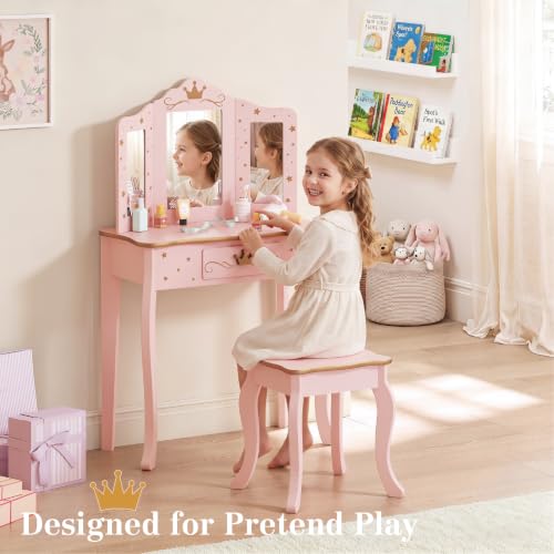 Kids Princess Vanity Table and Chair Set with Tri-Fold Mirror and Drawer