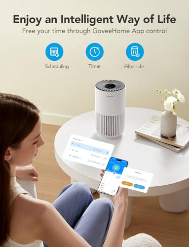 GoveeLife White Smart Mini Air Purifier with App & Alexa Control for Bedroom
