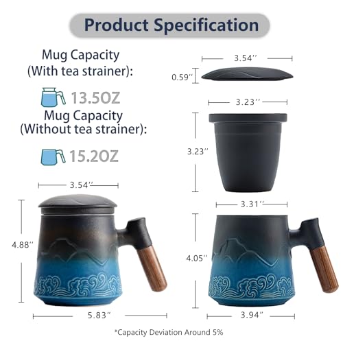 ZENS Blue 15.2oz Tea Cup with Infuser & Lid, Hand-Sprayed Gradient Ceramic