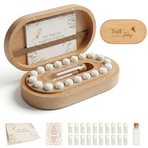 Wooden Baby Teeth Keepsake Box with Tooth Fairy Journal & Capsules