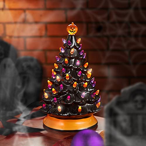 Hand-Painted Ceramic Halloween Tree - 15-Inch Pre-Lit Tabletop Decor