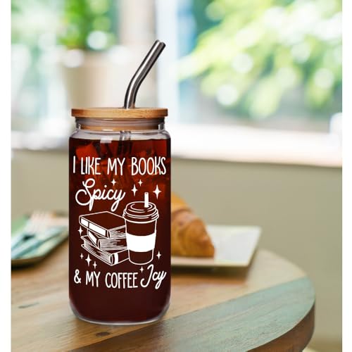 16oz Book Lovers Coffee Glass with Lid & Straw – Cute Bookish Mugs Gift for Readers