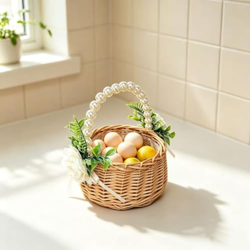 Handwoven Rattan Flower Girl Basket with Pearl Handle and Bow Decoration