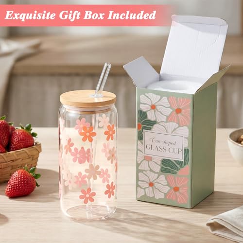Daisy Flower Glass Cup with Bamboo Lid and Straw - 16 oz Iced Coffee Mug