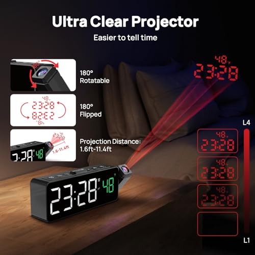 Digital Projection Alarm Clock with Ceiling Display and Temperature Monitor