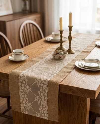 Ephyrosa 79" Burlap Table Runner with Lace – Rustic Farmhouse Decor