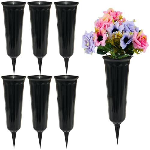Cemetery Memorial Vases with Ground Stakes - 6 Pack Black Grave Flower Holders