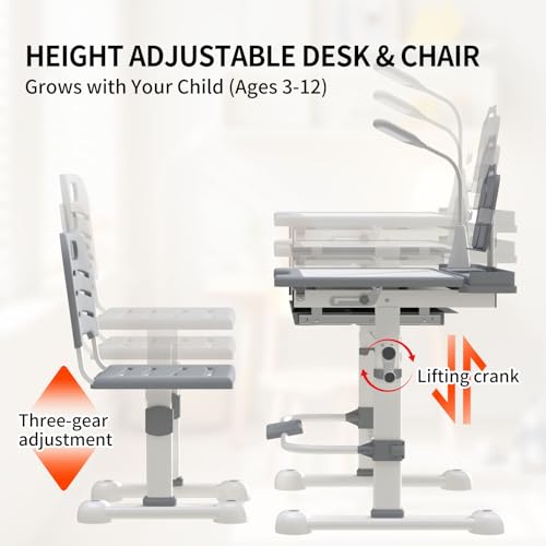 Kids Ergonomic Height Adjustable Study Desk and Chair Set with LED Lamp