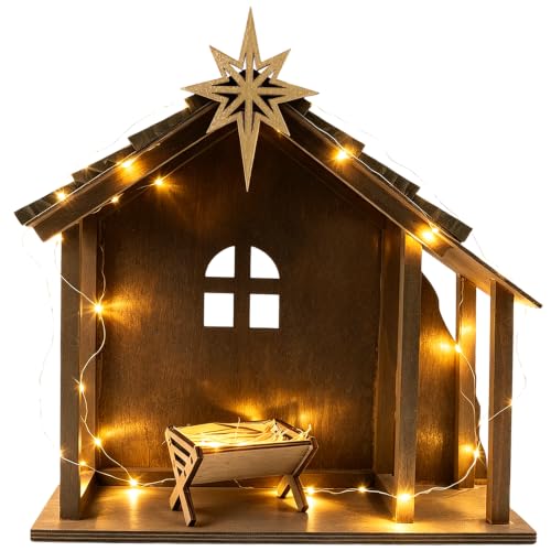 Fangoo 12'' Wooden Nativity Scene Stable with Roof Star & String Lights