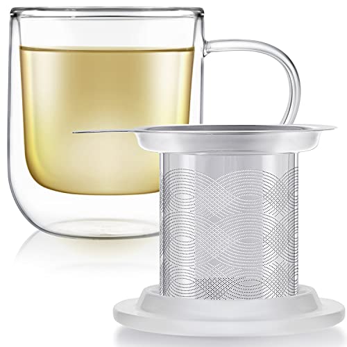 Teabloom Snow White Tea-For-One Steeping Mug, 12 oz Insulated Glass with Stainless Steel Infuser & Porcelain Lid