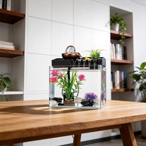 Indoor Tabletop Water Fountain with Fish Tank and Mist Humidifier