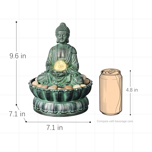 Zen Buddha Tabletop Water Fountain with LED Light and Rolling Glass Ball