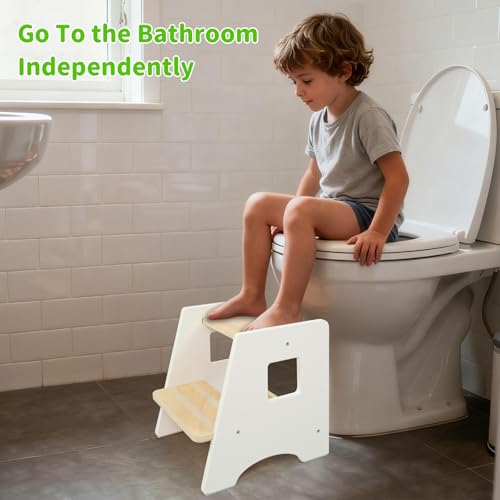 Wood City Toddler Step Stool - White & Natural Wooden 2-Step Bathroom & Kitchen Helper for Kids