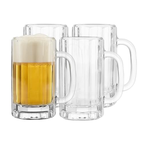 16 Oz Glass Beer Mugs with Handles - Set of 4 Freezer-Safe Beer Glasses