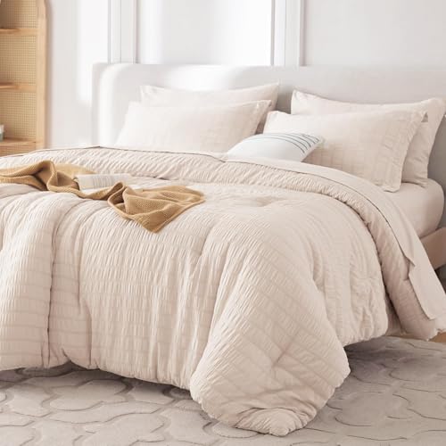 7-Piece Queen Seersucker Comforter Set - All-Season Bed in a Bag, Beige