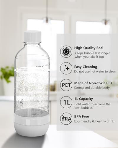 1 Litre Reusable Carbonating Bottles for Soda Makers, 2 Pack, BPA-Free