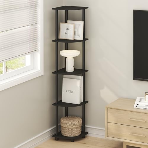 5-Tier Corner Shelf Unit, Open Display Bookshelf for Small Spaces, Black Espresso