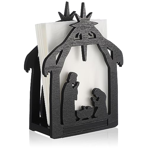 Barydat Christmas Nativity Napkin Holder – Wooden Tabletop Dispenser, Black (Nativity Style)