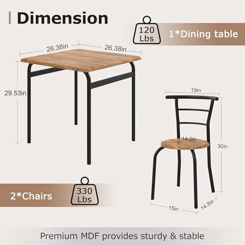 3-Piece Dining Table Set for 2 - Compact Square Kitchen Table with Chairs