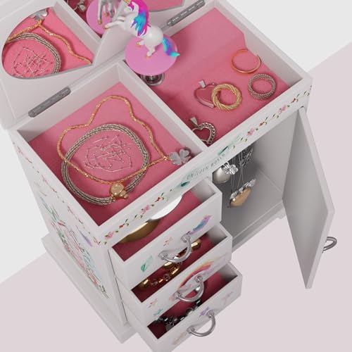Unicorn Musical Jewelry Box with Spinning Figure and Storage Drawers
