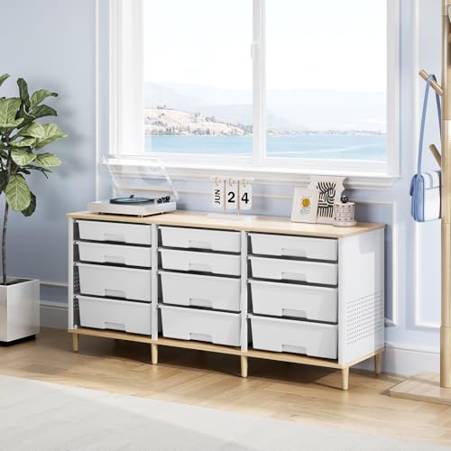 12-Drawer Storage Cabinet with Wooden Top and Rolling Bins, White