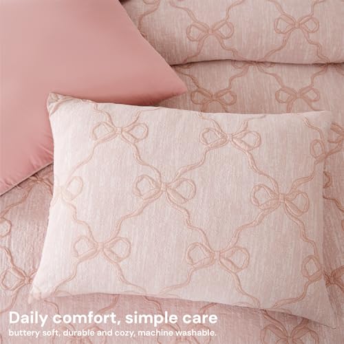 5-Piece Twin XL Comforter Set - Pink Bow Bedding for Girls