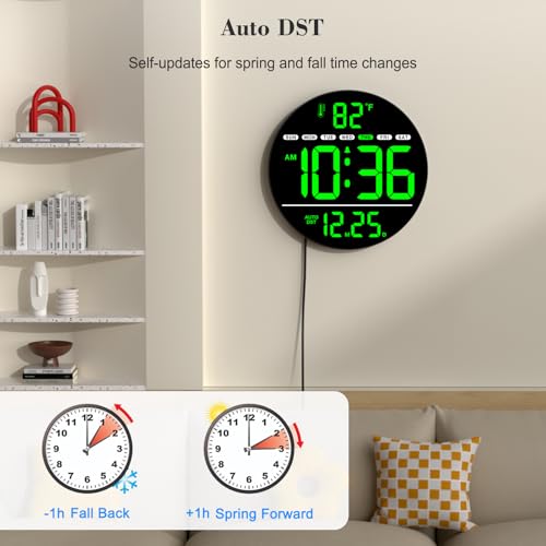 Large Digital LED Wall Clock with Temperature, Date, and 5-Level Dimmer