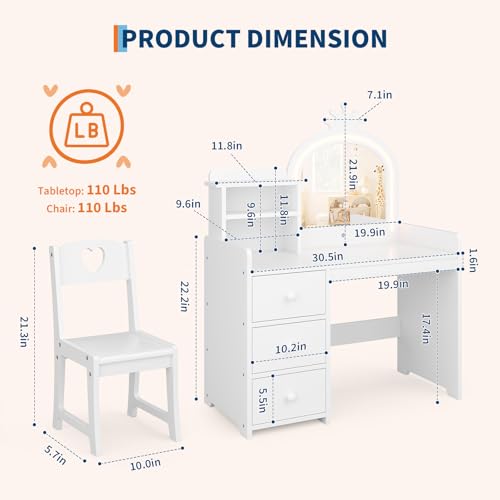 Kids Vanity Set with Crown Mirror, 3-Color LED Lights, and Chair