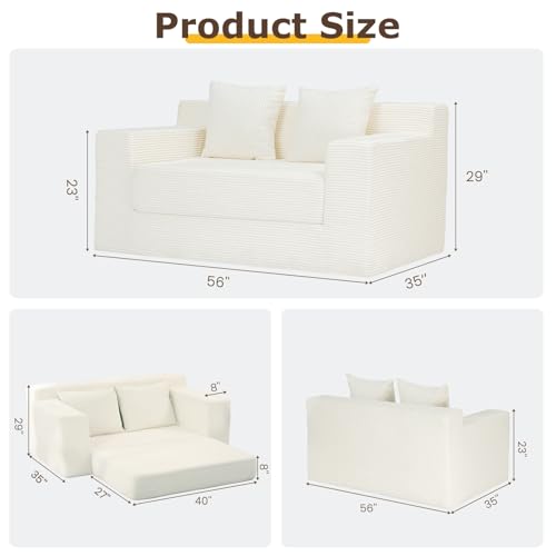 3-in-1 Convertible Corduroy Sofa Bed, Folding Loveseat Futon with Pillows
